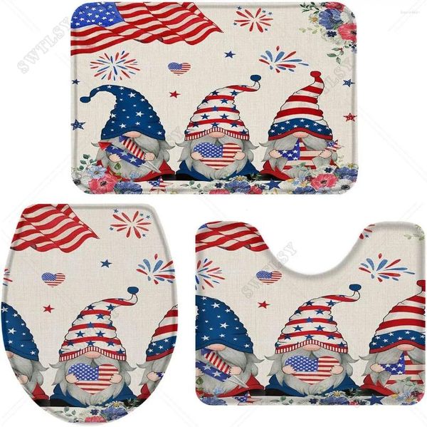 Mattes de bain 3 pièces Mat Set Independence Day Gnome Gnome American Flag Poppies Flower Star Vintage Non Slip Absorbant Cyy Tapis de salle de bain