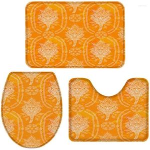 Mattes de bain 3 pièces tapis set couvercle de siège de toilette orange éléphant africain dessin imprimé contour piédestal tapis et couvercle