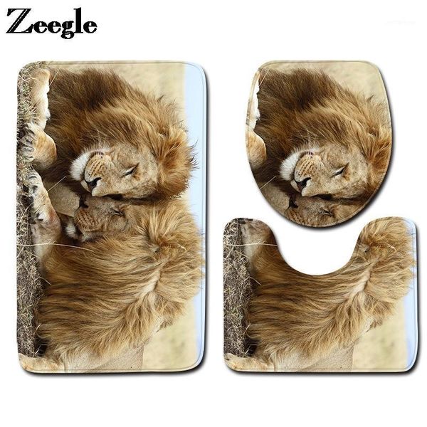 Tapis de bain 3D Lion imprimé tapis pour salle de bain sol décoration de la maison tapis ensemble toilette siège couverture anti-dérapant pied tapis Set1