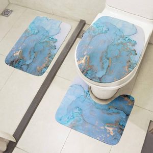 Tapis de bain Ensemble de sol de salle de bain en marbre 3D, housse de siège de toilette en trois pièces, tapis antidérapant en flanelle, décoration de douche, tapis de porte d'entrée