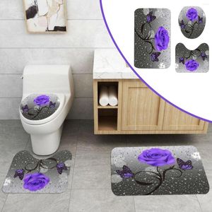 Mattes de bain 3pcs Retro Butterfly Rose Salle de bain Mat U Forme de couvercle de couvercle de toilette (violet) Couverture avec des oreillers assortis