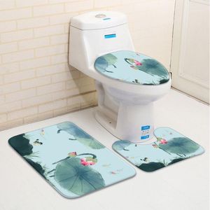 Tapis de bain 3 pièces/ensemble tapis de salle de bain Style chinois peinture de paysage fleurs feuille verte rose Lotus baignoire tapis de toilette tapis antidérapant décor