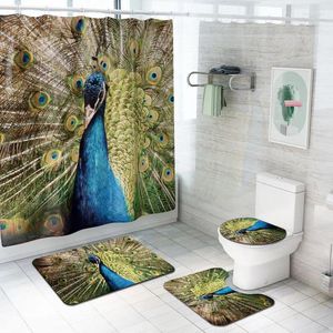 Tapis de bain 4 pièces/ensemble animaux loup tigre paon Lion imperméable salle de bain rideau de douche tapis ensemble tapis de couverture de toilette antidérapant