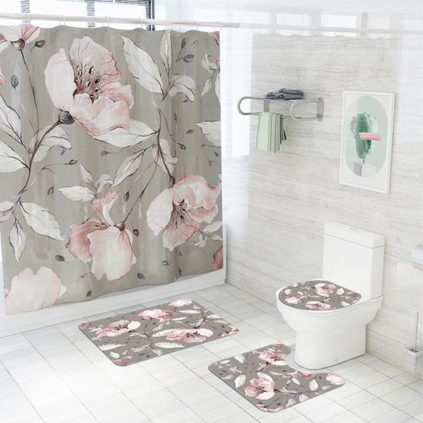 Alfombrillas de baño 4 Uds. Conjunto de cortina de ducha con estampado de flores impermeable con alfombra antideslizante cubierta de tapa de inodoro alfombrilla accesorios de baño