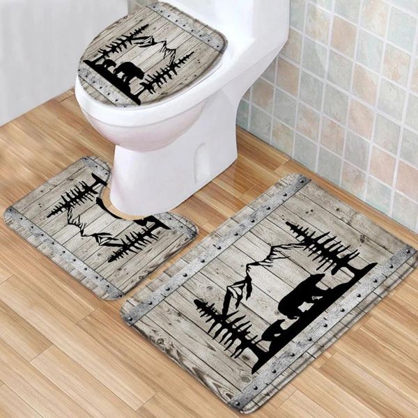 Alfombrillas de baño Mat de animales Juego de puertas de madera retro Granero Europa Europa Occidente Occidente Pila bajo alfombra de franela Tapa de baño alfombra en forma de U