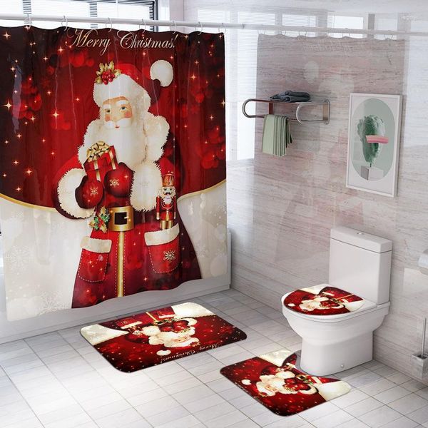 Alfombrillas de baño antideslizantes para decoración navideña, cubierta de asiento de inodoro de Papá Noel, juego de cortina de ducha impermeable