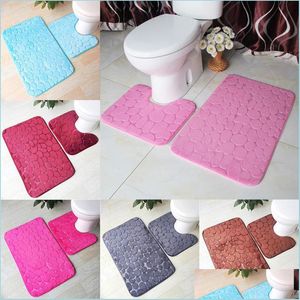 Bath Mats Bath Mat 2 Piece Set Cobblestone Pattern Toilet Er Foot Pad Non-Slip Absorbent Bathroom Doormat Flannel Soft Rug Car Bdebag Dhqx7