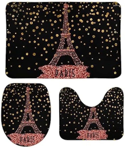 Mats de baño Alfombra de baño Juego de 3 piezas Eiffel Tower Paris |Puntos de confeti de oro rosa juegos de confeti no slip en forma de en forma de u