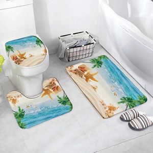 Badmatten strandlandschap mat tropische palmbomen oceaan landschap decor niet-slip voet tapijten toilet deksel deksel deksel badkamer accessoires set