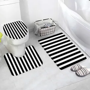 Mattes de bain Mat à rayures en noir et blanc Ensemble de tapis géométrique minimaliste moderne décor de salle de bain en forme de ligne de salle de bain