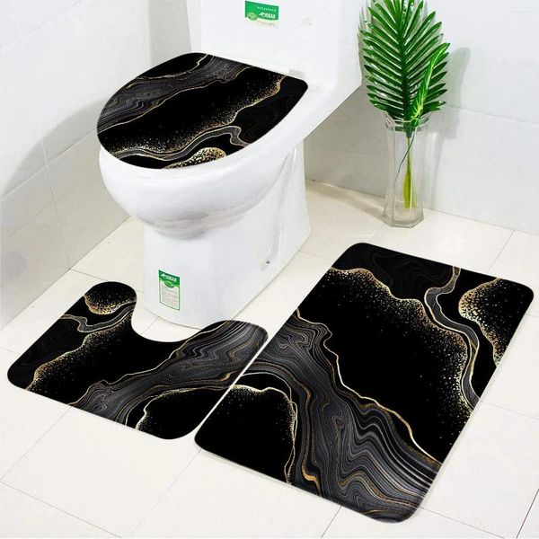 Alfombras de baño Kit de alfombras de mármol negro para baño y inodoro Líneas grises doradas Arte geométrico abstracto creativo Hogar 3 unids Conjuntos Alfombra de puerta