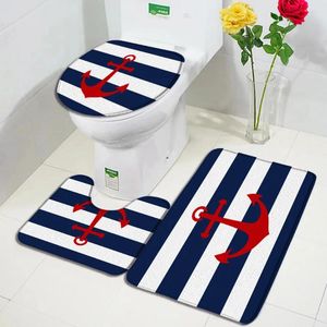 Badmatten blauw en wit gestreepte mat set rood anker nautisch huis tapijt modern badkamer decor flanel vloer vloerkleden toilet deksel deksel