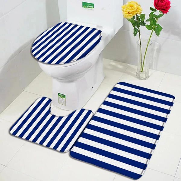 Mattes de bain Mat à rayures bleu et blanc Ensemble créatif moderne minimaliste géométrique maison de salle de bain décor de salle de bain tapis de plancher