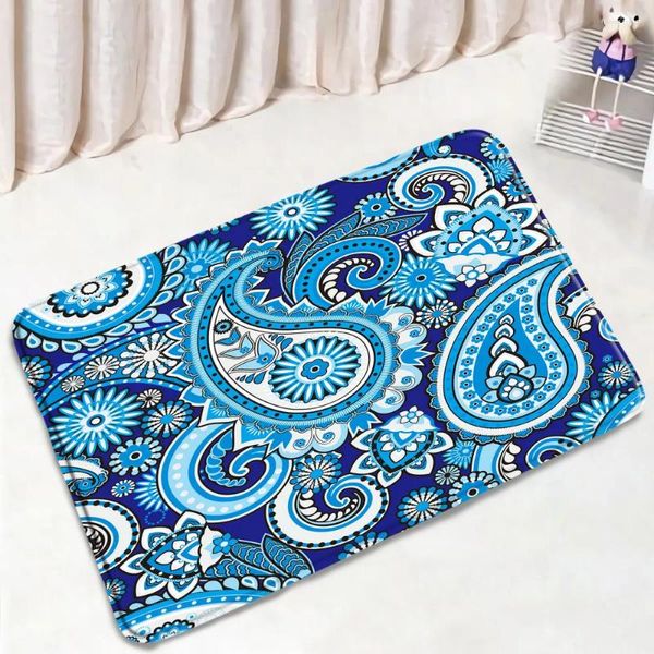 Tapis de bain Tapis de fleurs bohème Bleu Plume créative Anti-dérapant Absorption d'eau Tapis de cuisine Salon Chambre Paillasson Salle de bain