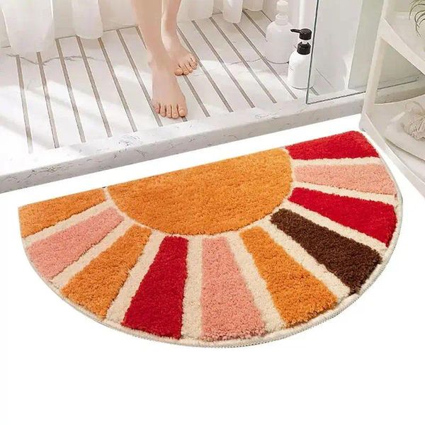 Tapis de bain Boho Tapis de salle de bain Doux Absorbant Douche Demi-rond Tapis 16x30in Semi Sun Rétro Chambre pour