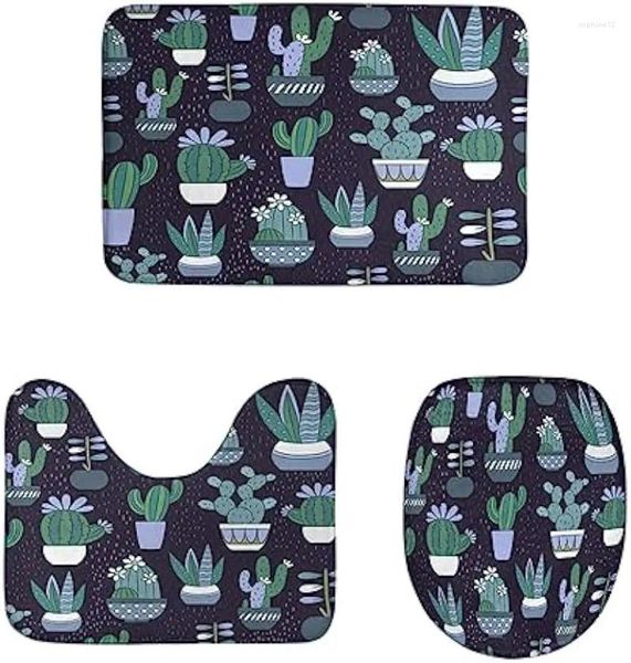 Mattes de bain cactus mat botanical cactus désert exotique doodle jardin nature plante de salle de bain ensemble 3 pièces tapis couvercle de couvercle de couvercle de couvercle