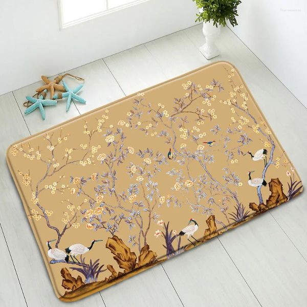 Tapis de bain Style chinois fleur oiseau tapis de sol salle de bain tapis salon cuisine porte antidérapant absorption d'eau tampons décor à la maison