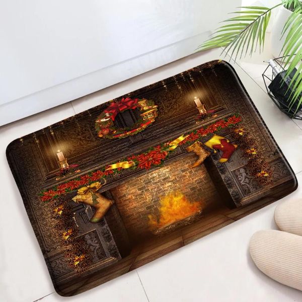 Alfombrillas de baño estética navidad 3d adorno de Navidad chimenea de pared de la pared de la habitación de la altura del baño alfombra del baño alfombra del baño