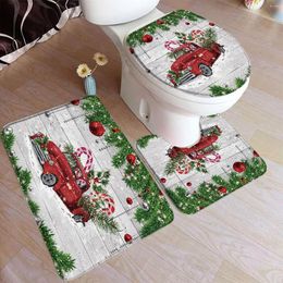 Tapis de bain Ensembles de salle de bain de Noël 3 pièces camion rouge boule de corde de pin père Noël bonhomme de neige décor de toilette de noël tapis de flanelle antidérapants