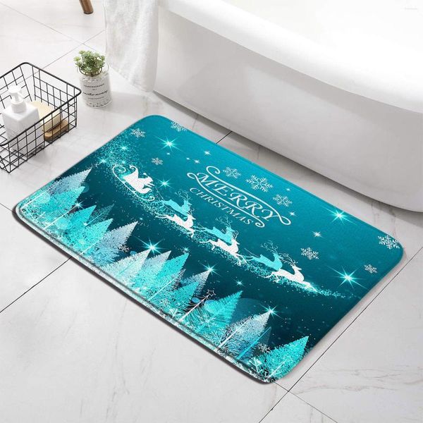 Tapis de bain Tapis de Noël Bleu Vert Tapis de salle de bain Dessin animé pin renne imprimé accessoire antidérapant tapis de baignoire paillasson de sol