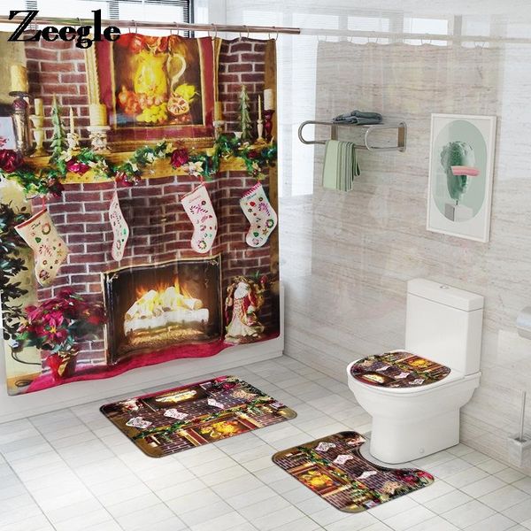 Tapis de bain tapis de noël imprimé rideau de douche imperméable salle de bain sol tapis de toilette ensemble tapis