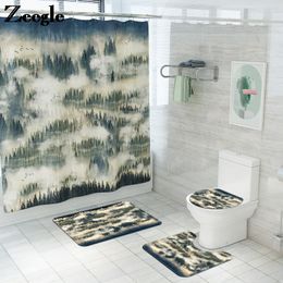 Alfombrillas de baño Juego de alfombrillas y cortinas de ducha con patrón escénico clásico Alfombra de baño Inodoro Antideslizante Absorbente de pies