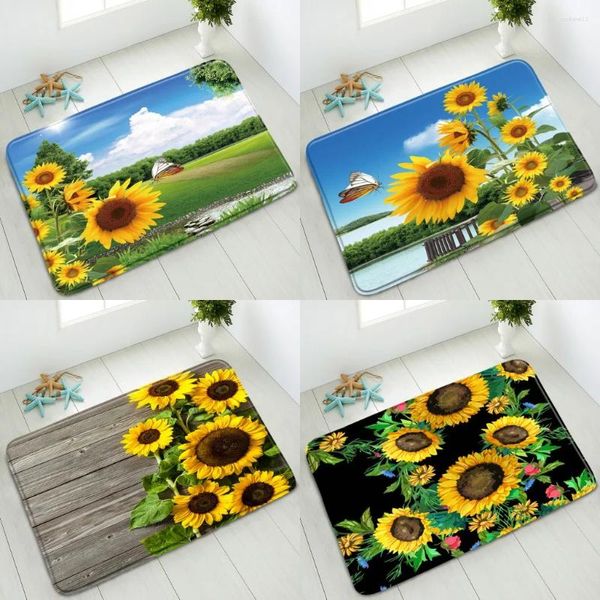 Alfombras de baño Flor de color no deslizante Mat de baño retro Totón de madera Retro Sunflower Floral Greano de hoja negra Pointorforador interior alfombra absorbente