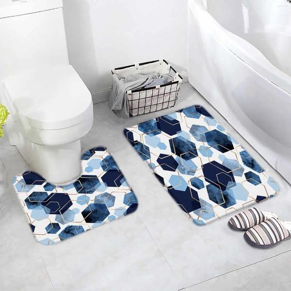 Mattes de bain Creative Geometric Mat Set Blue Hexagonal Gold Line Modern Art Planchers Tapis de salle de bain DÉCOR DE SALLE DE SOLLE