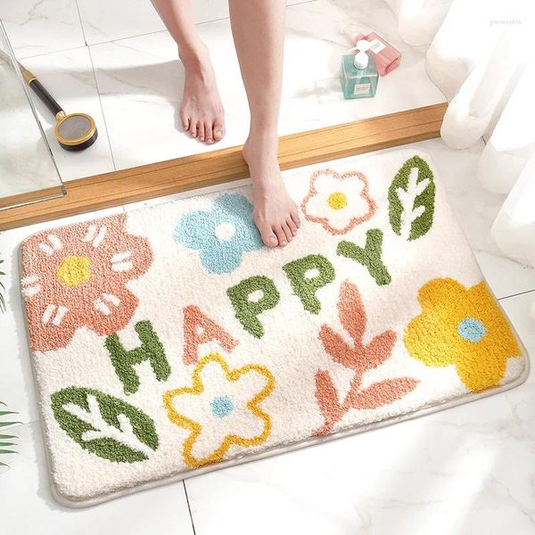 Mattes de bain Migne Cartoon Flower Tapis doux Floqué Super absorbant Planchers de salle de bain Machine de baignoire sans glissement lavable tapis décoratif