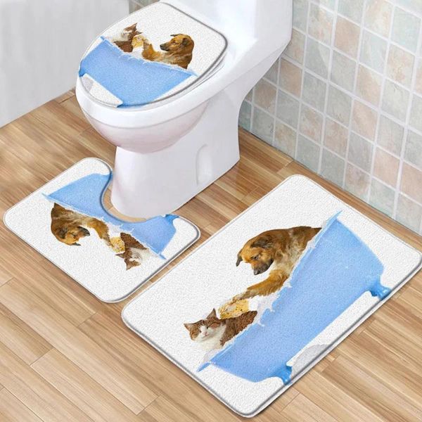 Alfombrillas de baño Juego de perros 3D dibujos animados lindos animes animales estampados estampados estampados de pilotes bajas alfombra de franela cubierta de inodoro alfombra en forma de U