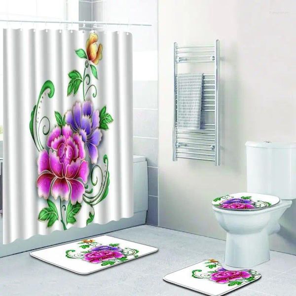 Alfombras de baño Flower 4pcs/set Alfombras antideslizantes de baño Conjunto de cortina de ducha impermeable alfombra tapa de tapa de tapa del inodoro decoración del hogar