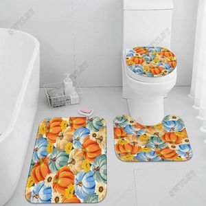 Tapis de bain Tapis de salle de bain d'automne Ensemble de 3 citrouilles aquarelles et pièces florales sans couverture lavable au sol