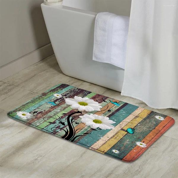 Tapis de bain Tapis de fleurs florales de ferme Dahlia sarcelle sur planche de bois rustique bleu turquoise tapis de paillasson doux en flanelle antidérapant