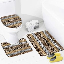 Tapis de bain Ensemble de tapis imprimé léopard à la mode, motif rayé marron noir blanc, tapis de maison moderne, décor de salle de bains, tapis antidérapant, couverture de toilette