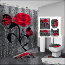Tapis de bain Tapis de bain floral et ensemble de rideau de douche 180x180cm avec crochets Tapis anti-dérapant Tapis de salle de bain Tapis de toilette 1229 Drop Delive Dh6Oh
