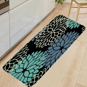 Tapis de bain Tapis de cuisine à motifs géométriques floraux, fleurs bleues et vertes, dentelle dorée, paillasson d'entrée de maison, décor de salle de bain, tapis de sol antidérapant