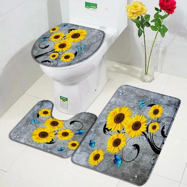 Baignoire tapis floral ensemble jaune tournesol bleu papillon fleurs rustiques tapis flanelle de salle de bain décorative de pavage de plancher couvercle de couvercle