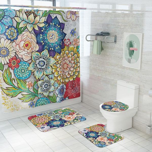 Alfombrillas de baño, juego de baño con estampado Floral, 3 uds. Y cortina de ducha, alfombra impermeable, alfombrilla antideslizante, absorbente de agua