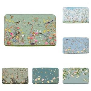 Badmatten Flower Vogel Chinese stijl Bloem Pot Plant Badkamer Tapijt Flanel vloer Tapijt Toegang Doormand Huis Non Slip Backing