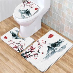 Mattes de bain Mat d'oiseau de fleur Ensemble de style chinois paysage montagne floral bas mousse de mousse de mousse de mousse de toilette