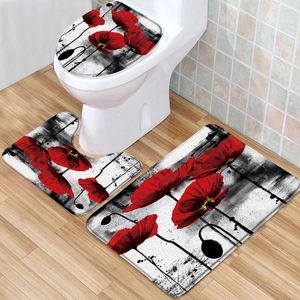 Tapis de bain Ensemble de tapis de fleurs imprimé 3D noir blanc rayé rouge rose floral couverture de toilette en mousse à mémoire de forme à poils bas tapis en forme de U