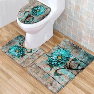 Badmatten Bloemen Mat Set groenblauw dahlia op oude rustieke houten plank land lage stapel flanel tapijt toiletbedekking u-vormig tapijt