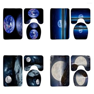 Mattes de bain Pleine Moon Mat Set 3pc Ocean Night Scenery Sea Nautical Non Slip Bathroom Deccor Rapis Paillit Couvercle du couvercle de la toilette