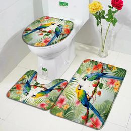 Tapis de bain Tapis de perroquet drôle ensemble plantes tropicales feuilles fleurs aquarelle Art maison tapis salle de bain décor tapis de sol couverture de couvercle de toilette