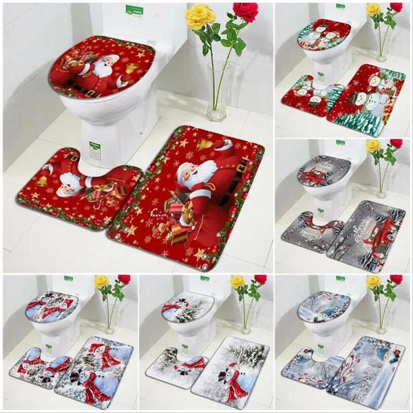 Tapis de bain Tapis de Noël drôle de père Noël ensemble boule de corde rouge forêt d'hiver bonhomme de neige camion année maison salle de bain décor tapis couverture de toilette