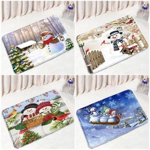 Mattes de bain Mattes de bain drôle Snowman Christmas Fence Bird Forest Pèche hiver