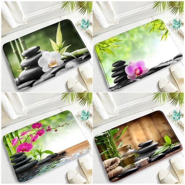 Tapis de bain Vert Bambou Zen Noir Pierre Blanc Violet Orchidée Fleur Plante Spa Jardin Paysage Maison Cuisine Salle De Bains Décor Porte Tapis