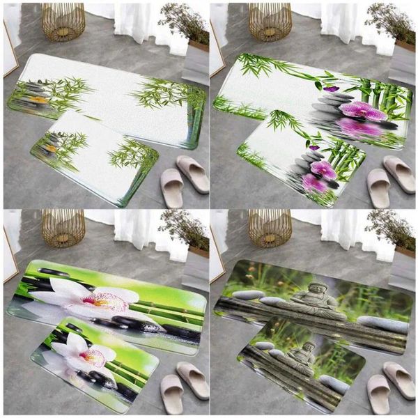 Tapis de bain Vert Bambou Zen Cuisine Plancher Bouddha Rose Orchidée Pierre Noire Spa Paysage Chambre Long Tapis Décor À La Maison Tapis Antidérapant Tapis