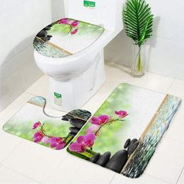 Tapis de bain vert bambou Zen pierre 3 pièces ensemble tapis orchidée fleur Spa décor anti-dérapant salle de bain tapis tapis couverture de toilette lavable en machine