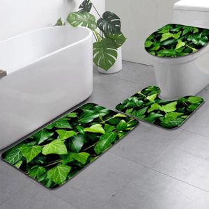 Mattes de bain feuilles vertes tapis set plante feuille esthétique nature paysage décor de salle de bain anti-glisser tapis de tapis couvercle de toilette